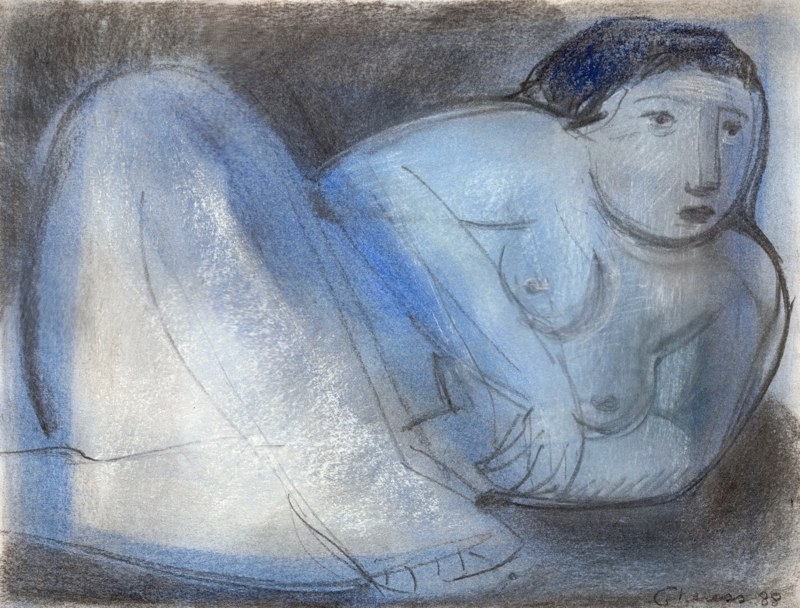 Drawing — reclining figure — blue pastel