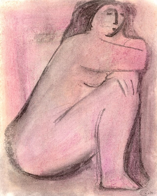 Drawing — seated figure — pink pastel